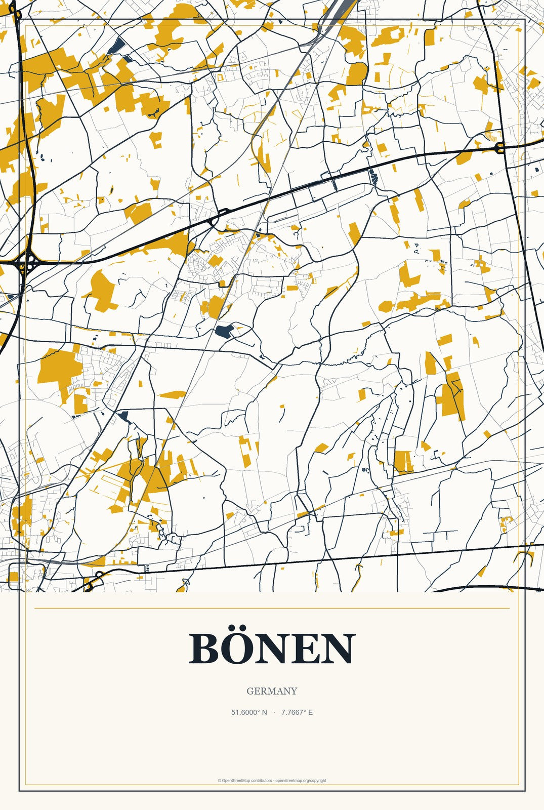 Bönen, Germany City Map Aluminum Sign in Citrine Modern style