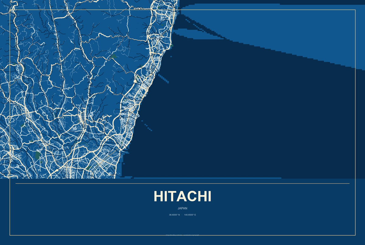 Hitachi, Japan City Map Aluminum Sign in Harbor Cobalt style