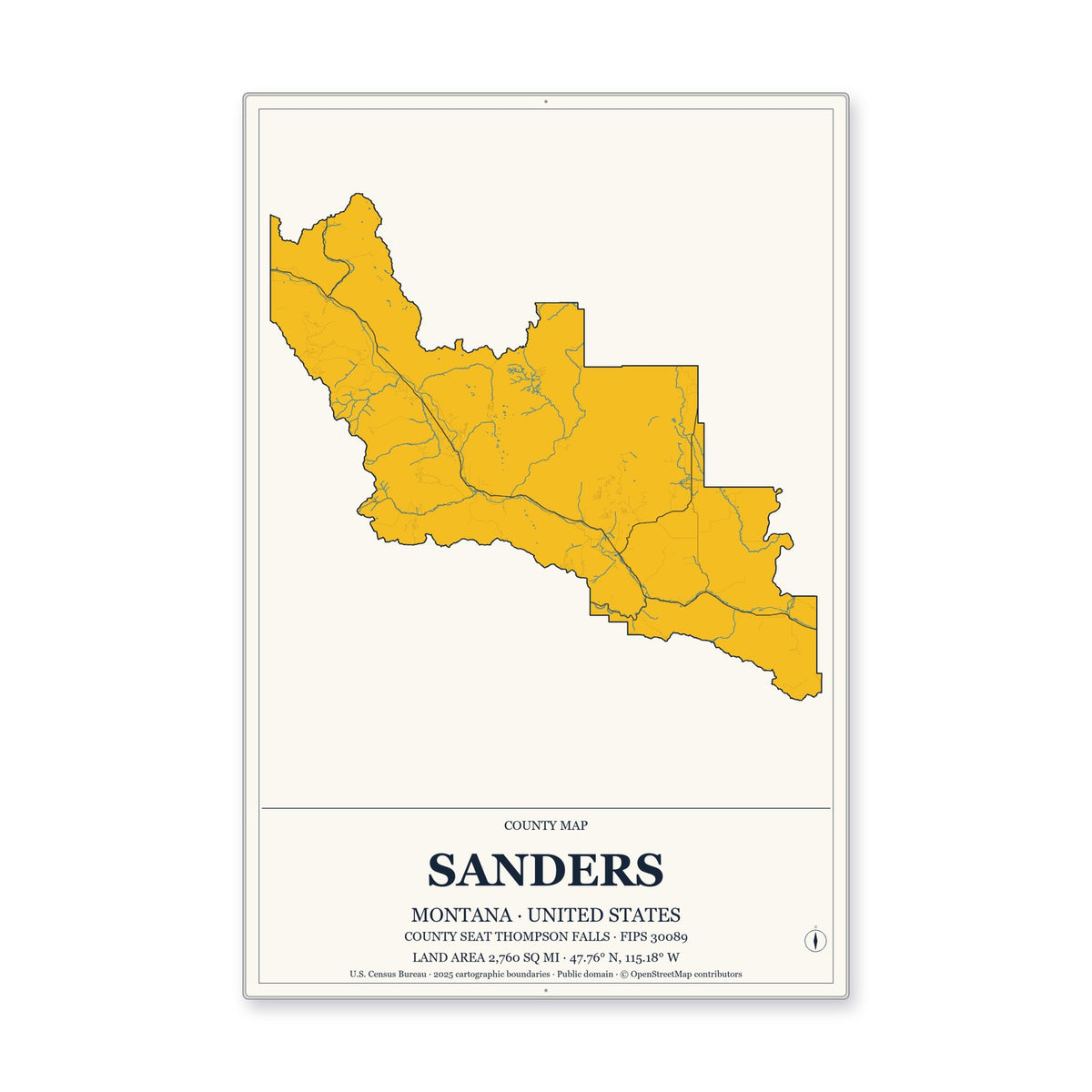 Sanders County, Montana Map Aluminum Sign in Citrine Modern style