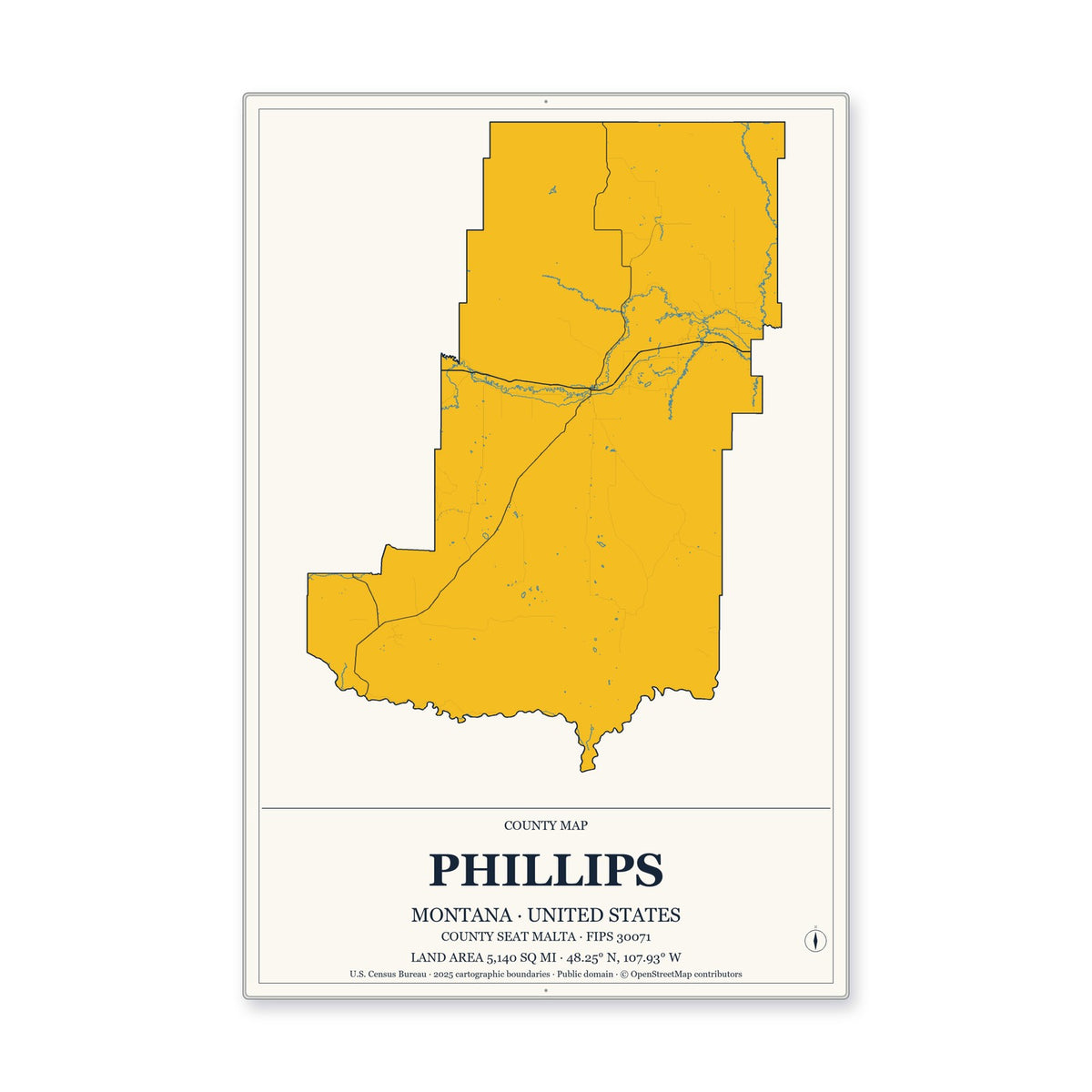 Phillips County, Montana Map Aluminum Sign in Citrine Modern style