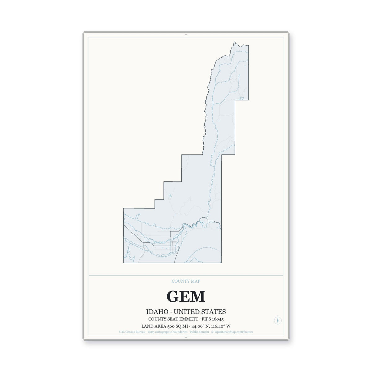 Gem County, Idaho Map Aluminum Sign in Gallery Air style