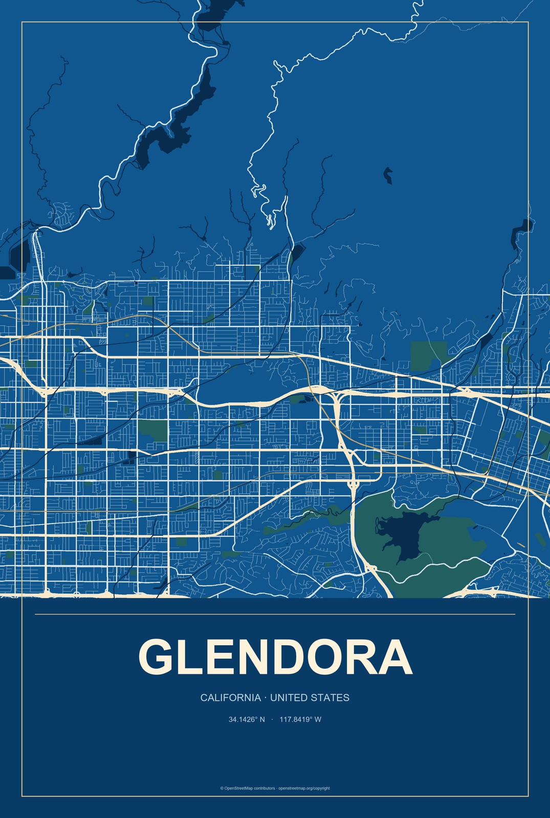 Glendora, California City Map Aluminum Sign in Harbor Cobalt style