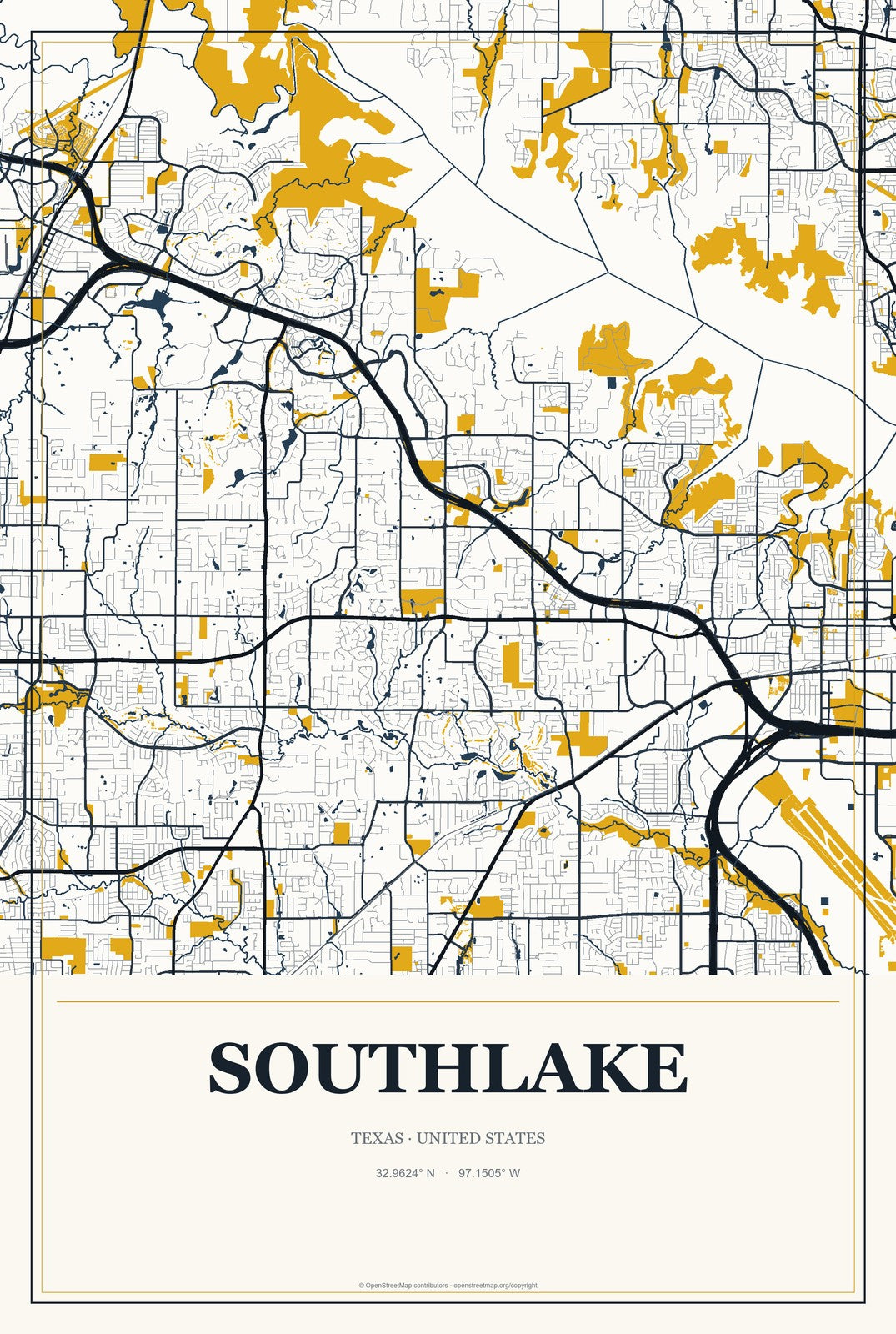 Southlake, Texas City Map Aluminum Sign in Citrine Modern style