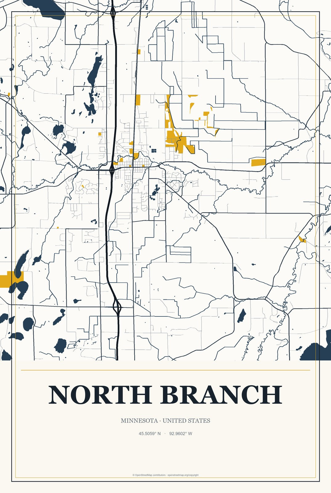 North Branch, Minnesota City Map Aluminum Sign in Citrine Modern style