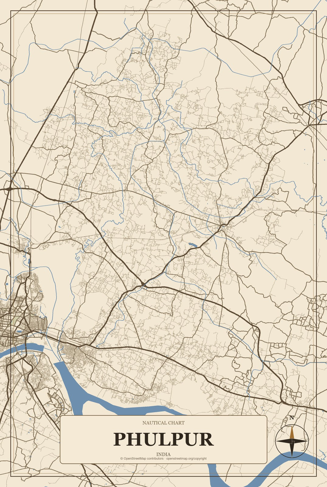 Phulpur, India City Map Aluminum Sign in Heritage Nautical style