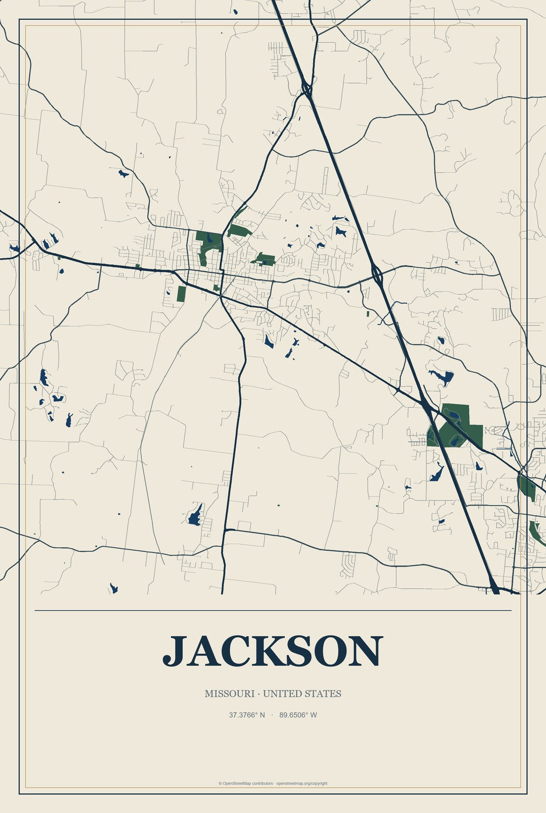 Jackson, Missouri City Map Aluminum Sign in Coastal Cutout style