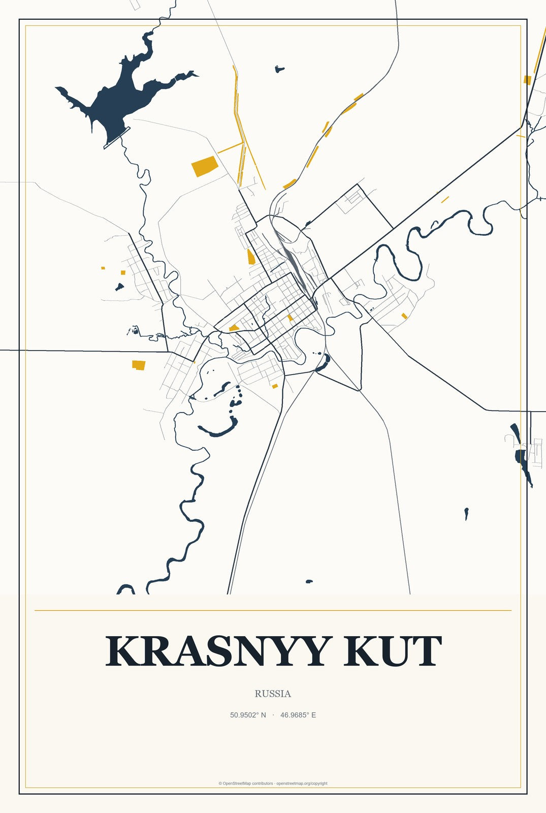 Krasnyy Kut, Russia City Map Aluminum Sign in Citrine Modern style