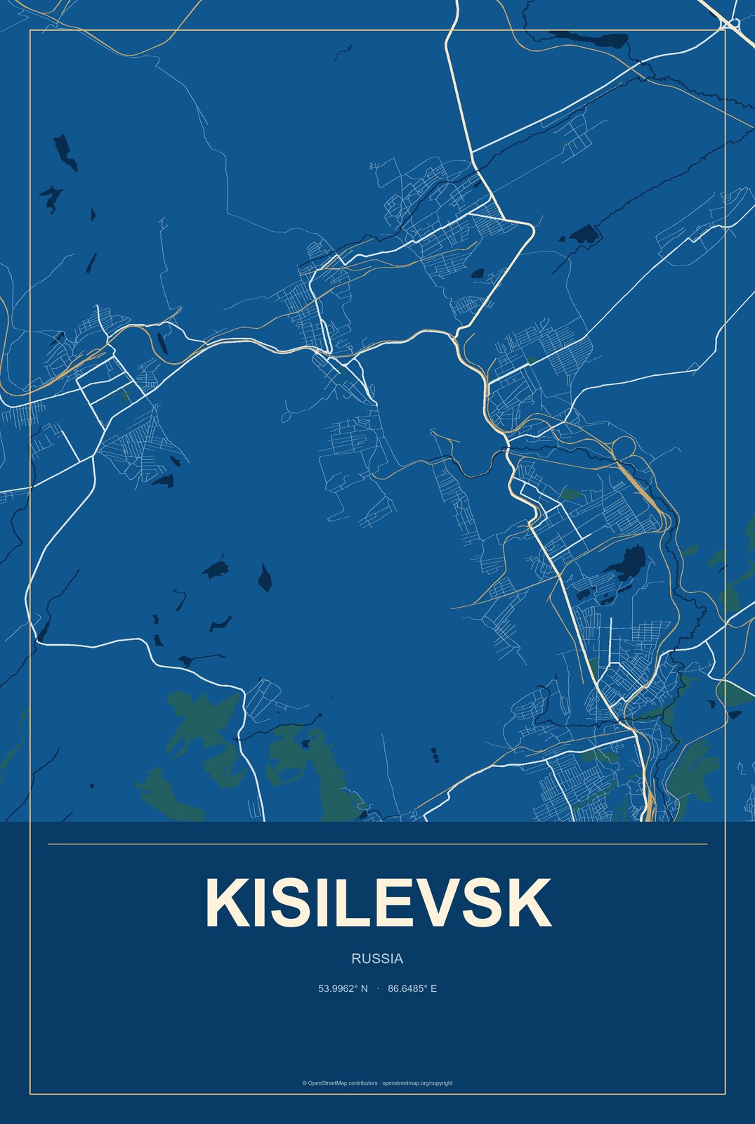 Kisilevsk, Russia City Map Aluminum Sign in Harbor Cobalt style