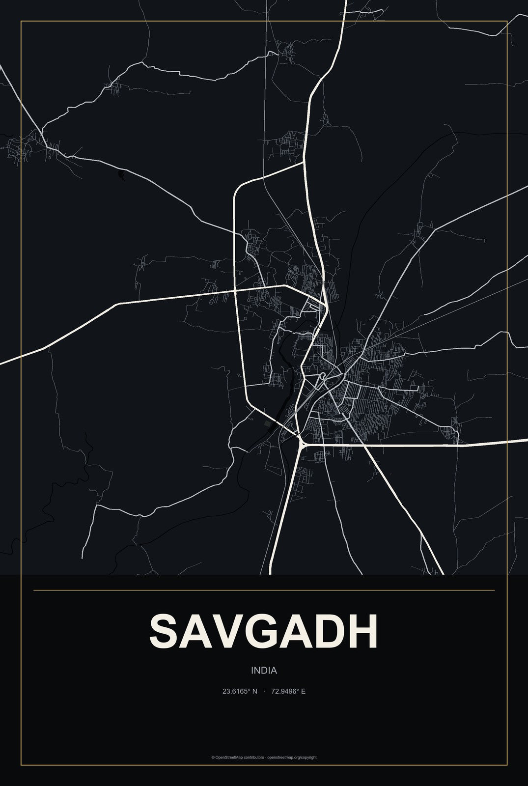 Savgadh, India City Map Aluminum Sign in Metropolitan Noir style