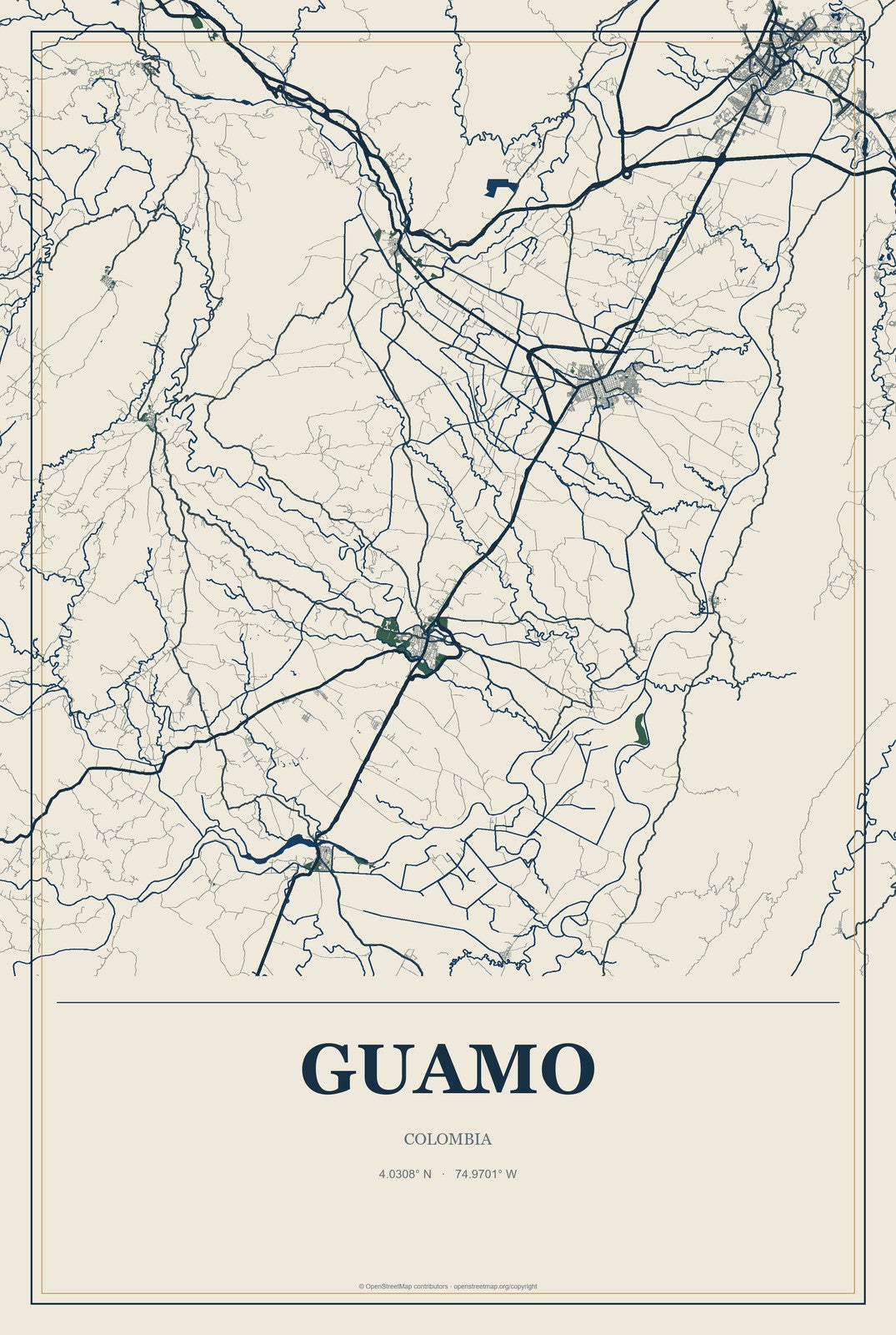 Guamo, Colombia City Map Aluminum Sign in Coastal Cutout style