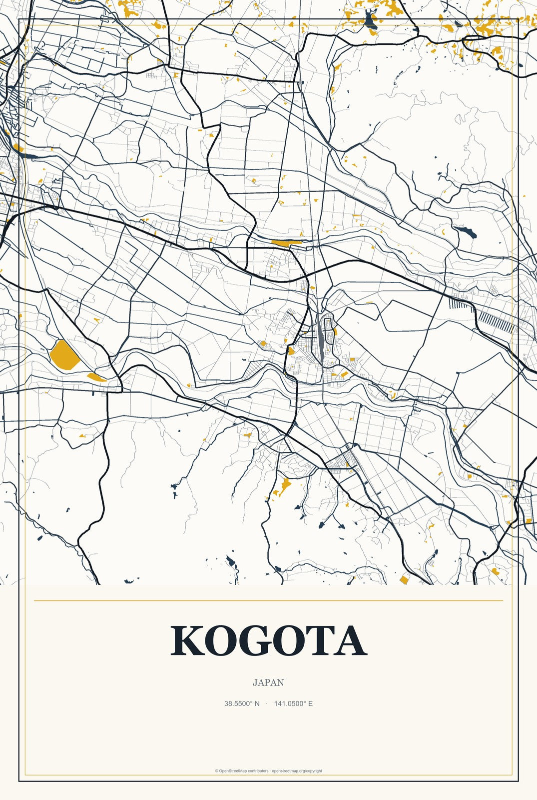Kogota, Japan City Map Aluminum Sign in Citrine Modern style