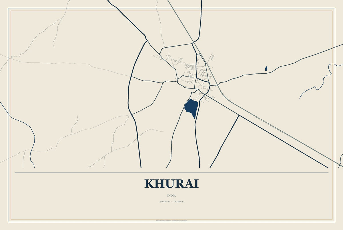 Khurai, India City Map Aluminum Sign in Coastal Cutout style