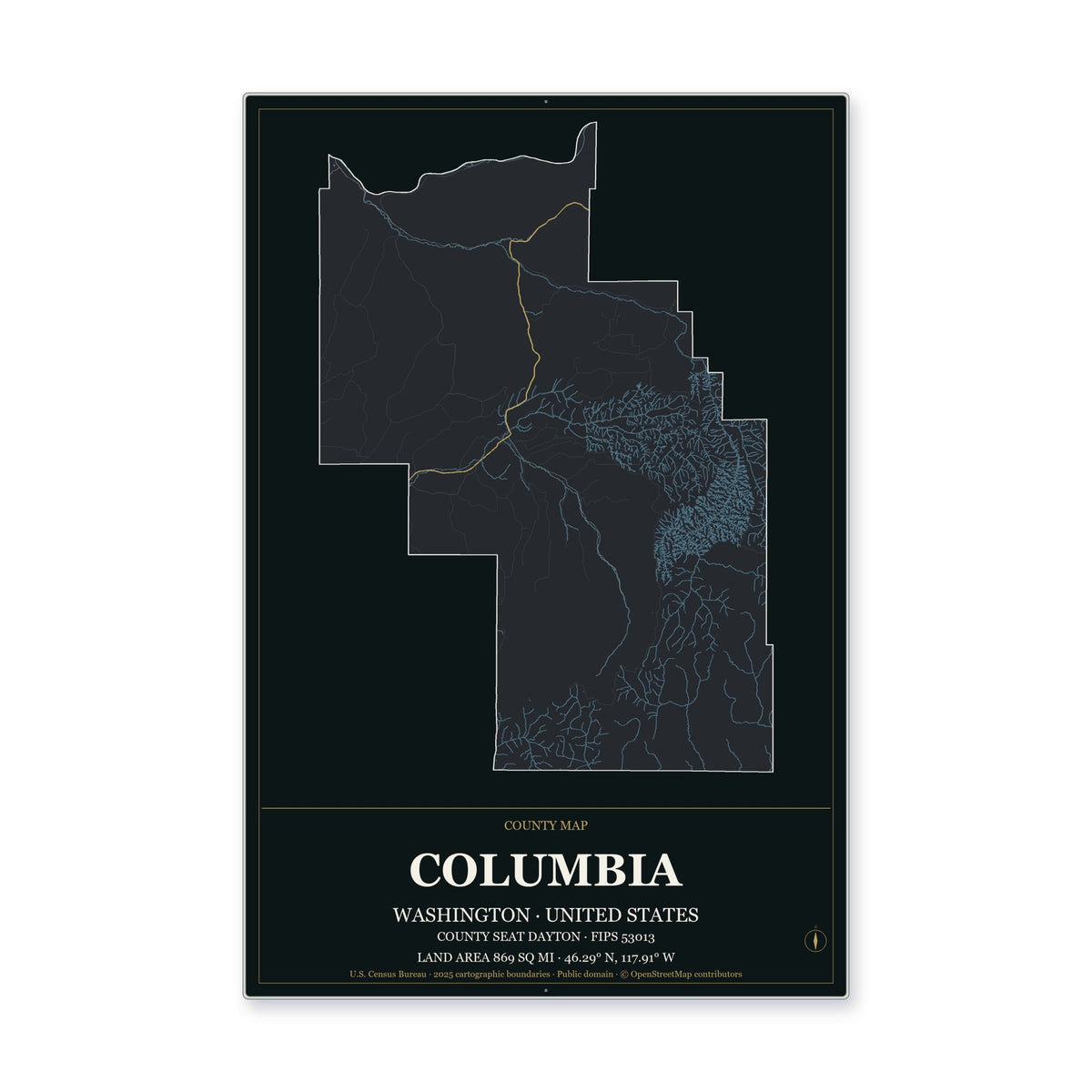 Columbia County, Washington Map Aluminum Sign in Metropolitan Noir style