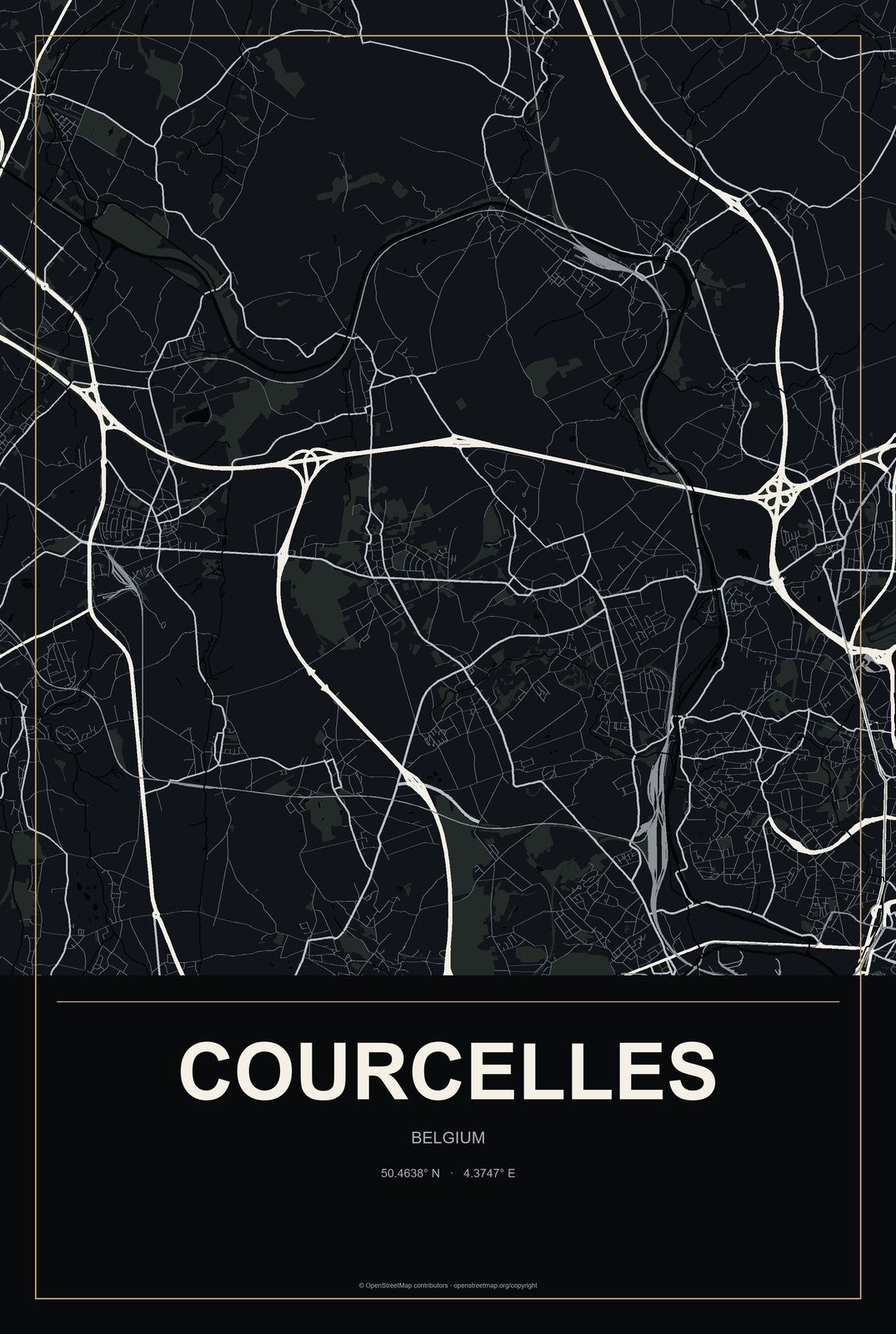 Courcelles, Belgium City Map Aluminum Sign in Metropolitan Noir style