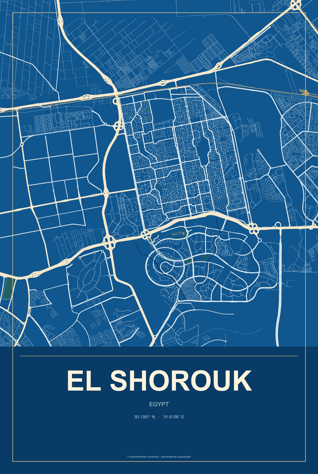 El Shorouk, Egypt City Map Aluminum Sign in Harbor Cobalt style