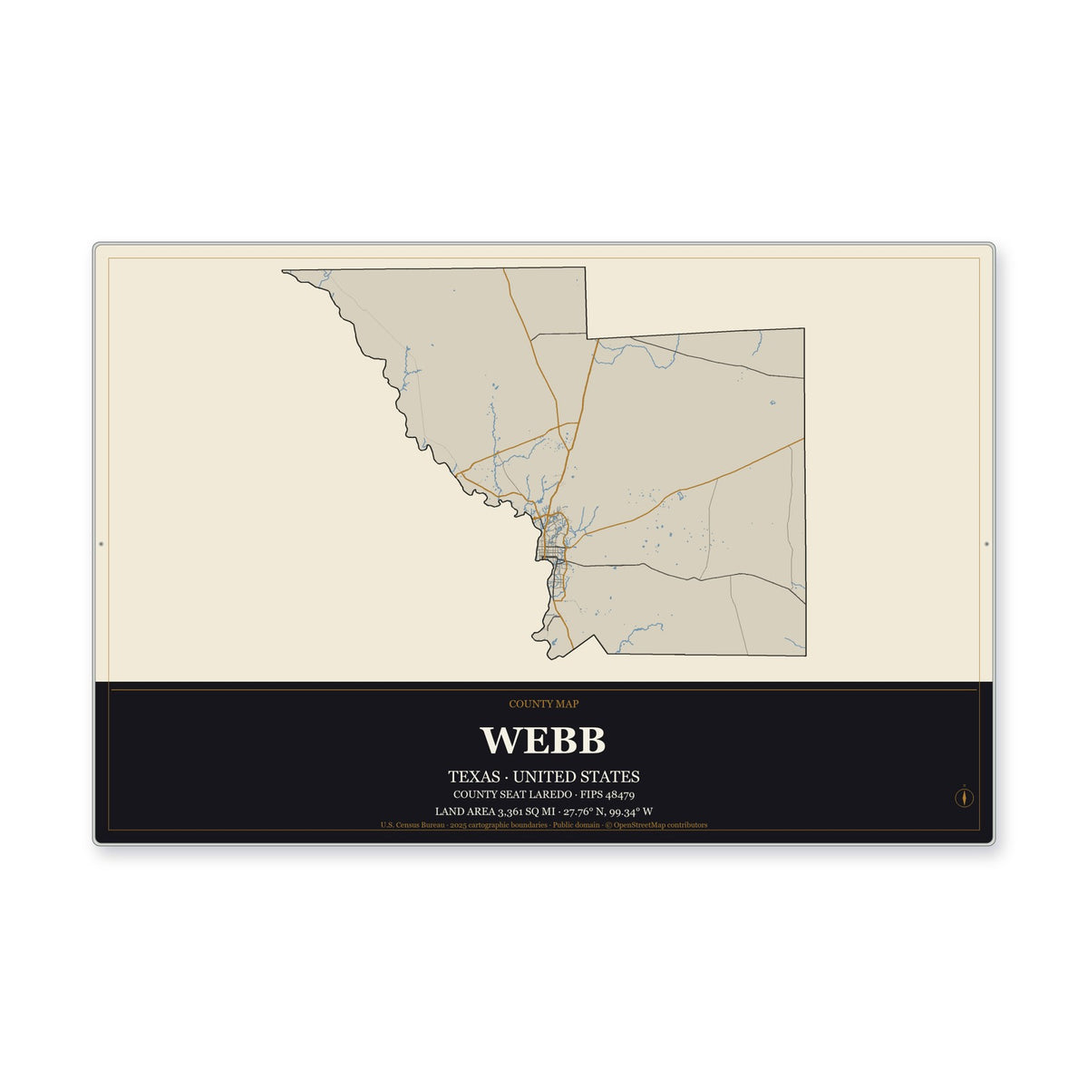 Webb County, Texas Map Aluminum Sign in Museum Plaque style