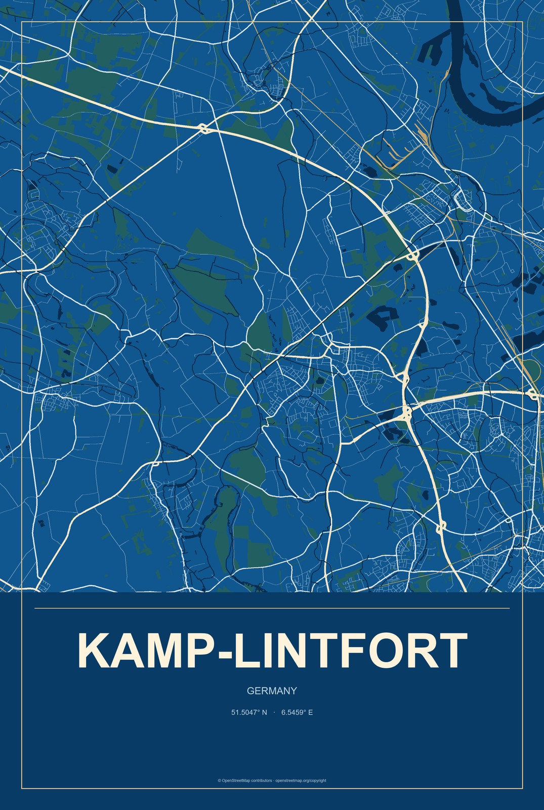 Kamp-Lintfort, Germany City Map Aluminum Sign in Harbor Cobalt style