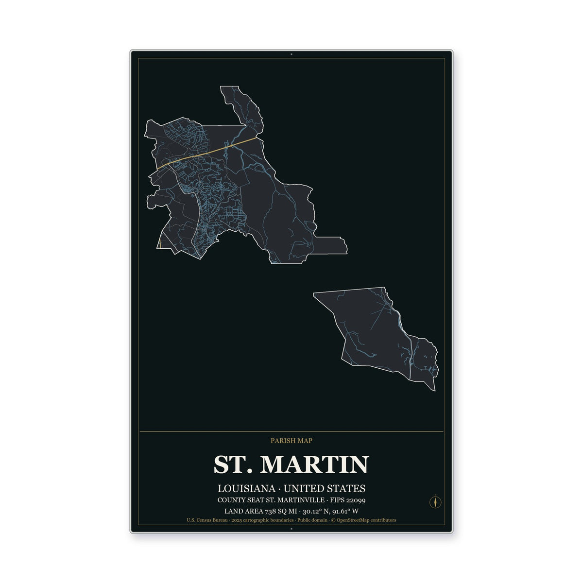 St. Martin Parish, Louisiana Map Aluminum Sign in Metropolitan Noir style