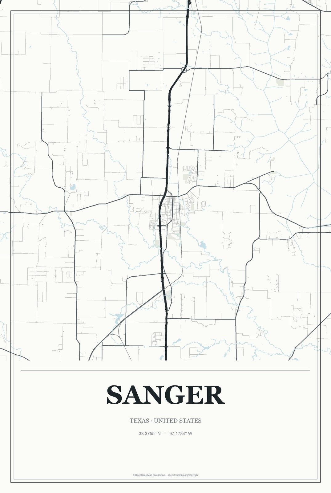 Sanger, Texas City Map Aluminum Sign in Gallery Air style