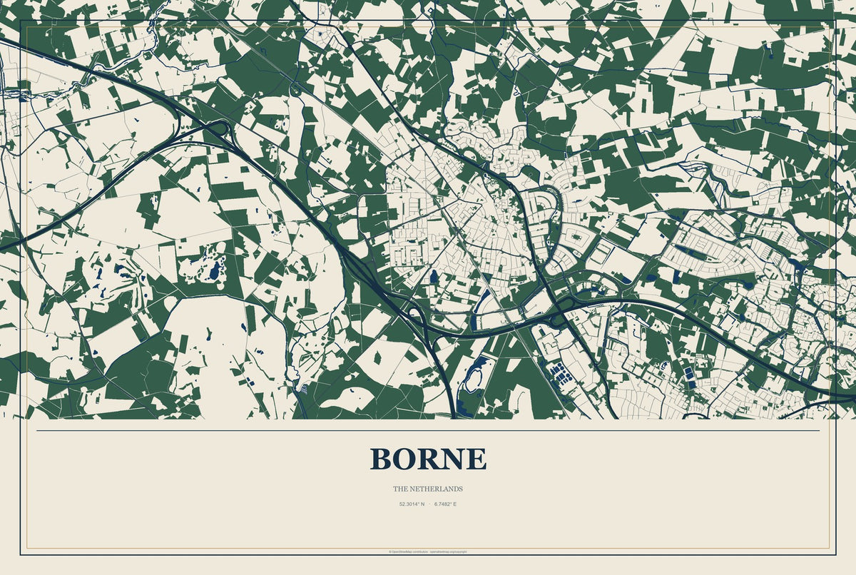 Borne, The Netherlands City Map Aluminum Sign in Coastal Cutout style