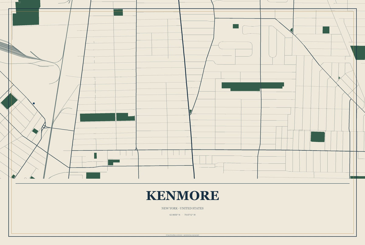 Kenmore, New York City Map Aluminum Sign in Coastal Cutout style