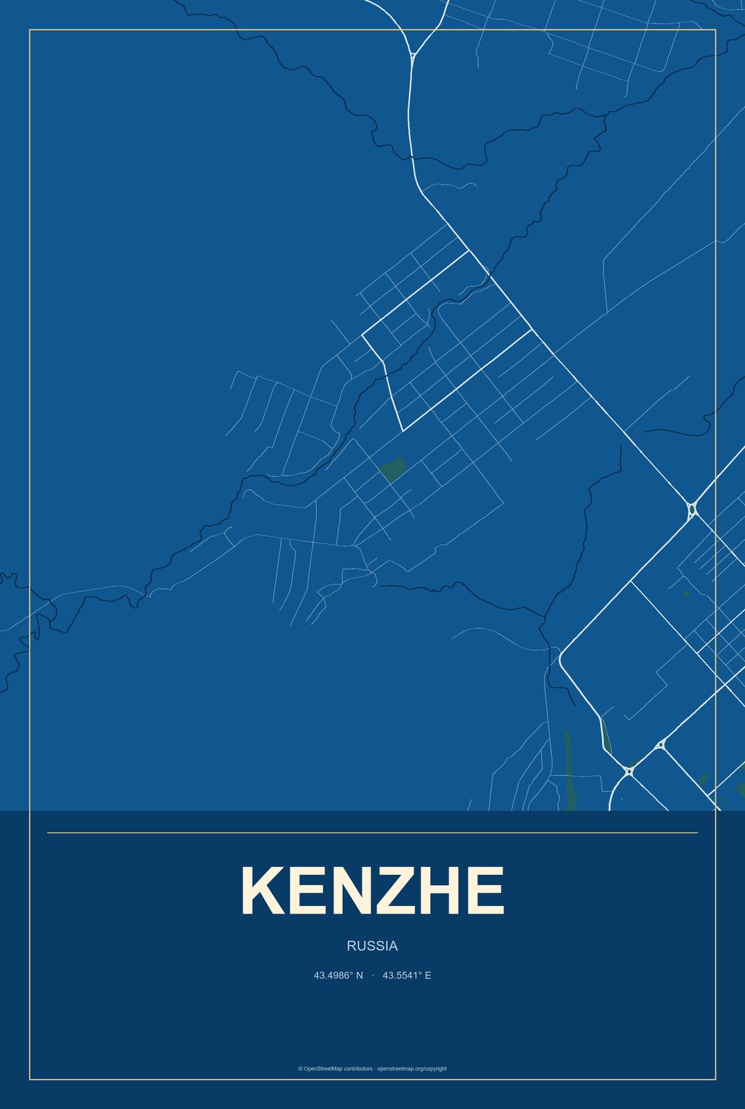 Kenzhe, Russia City Map Aluminum Sign in Harbor Cobalt style