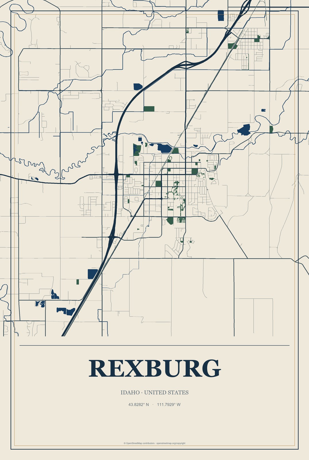 Rexburg, Idaho City Map Aluminum Sign in Coastal Cutout style