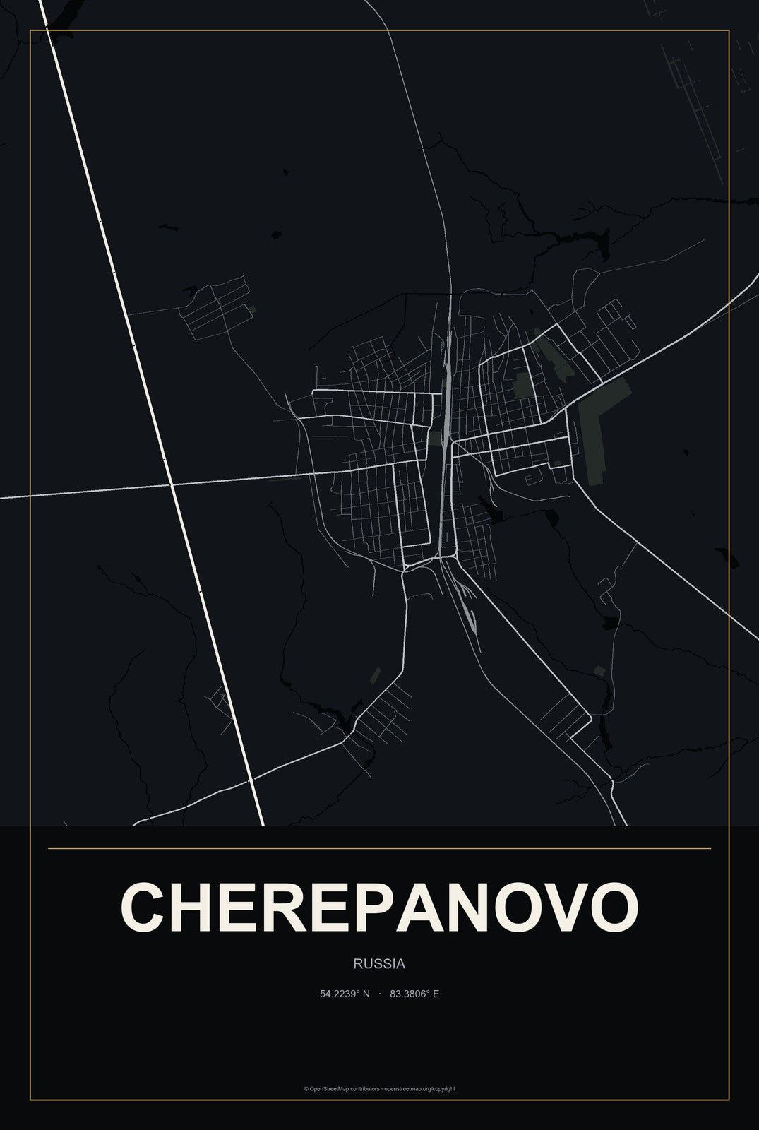 Cherepanovo, Russia City Map Aluminum Sign in Metropolitan Noir style