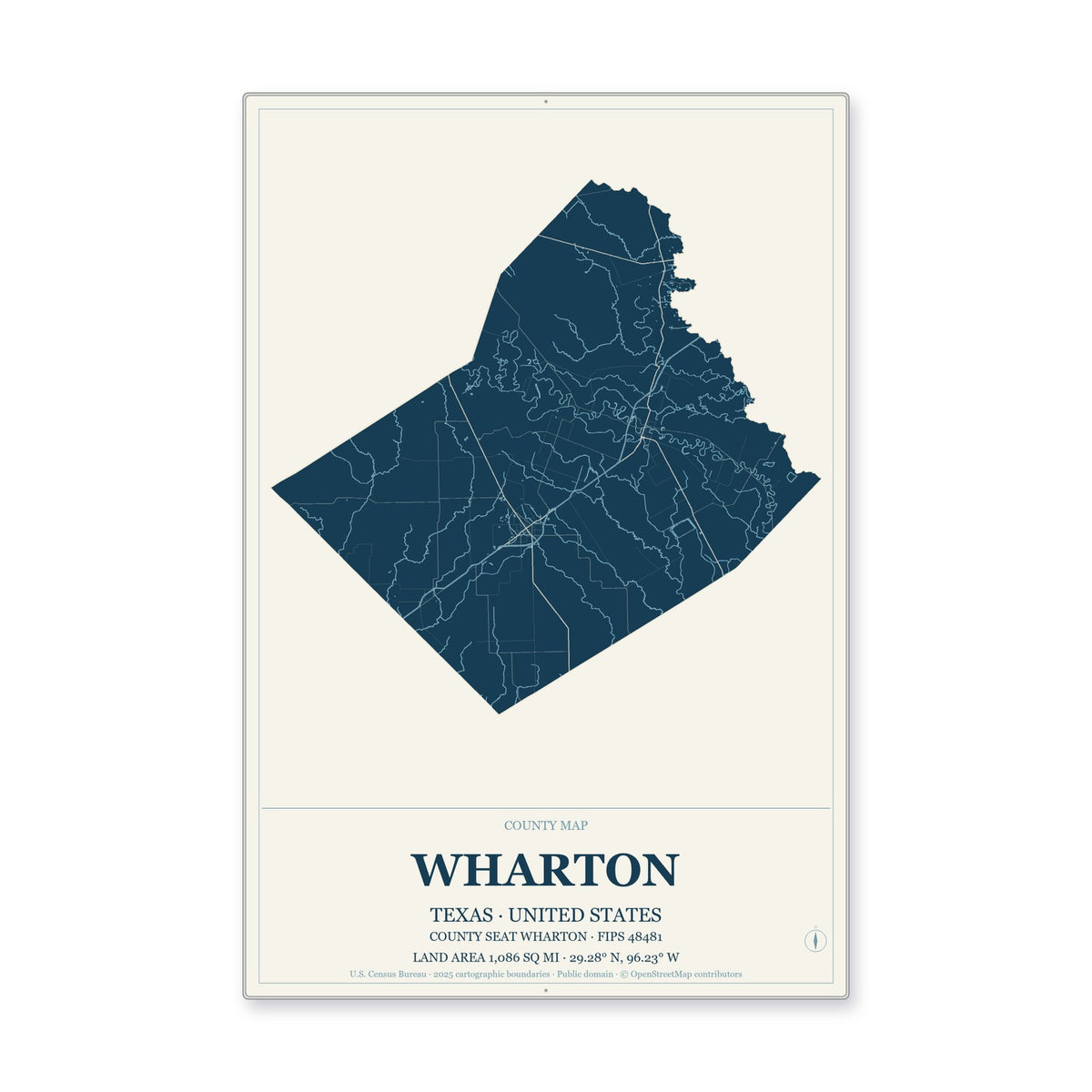 Wharton County, Texas Map Aluminum Sign in Coastal Cutout style