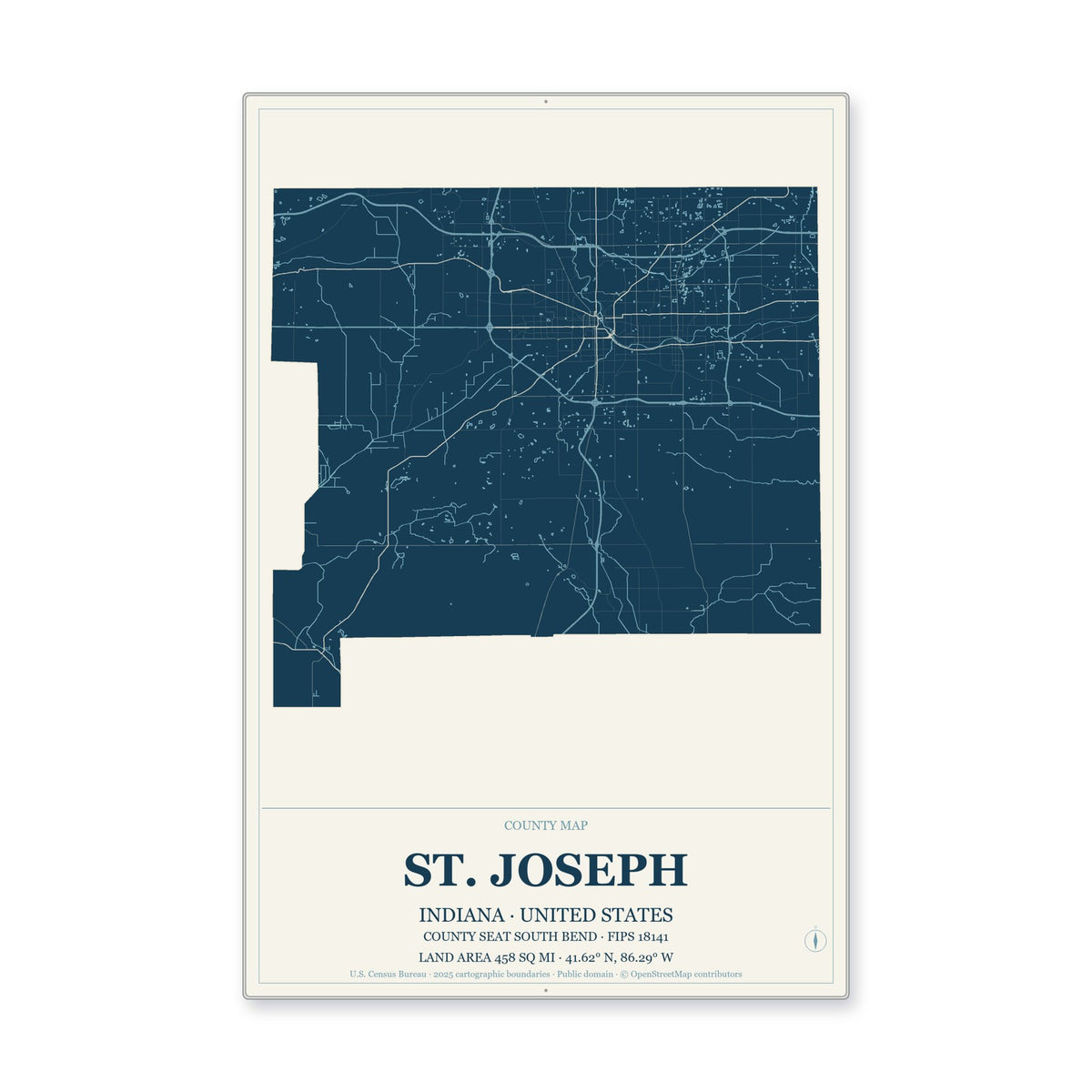 St. Joseph County, Indiana Map Aluminum Sign in Coastal Cutout style