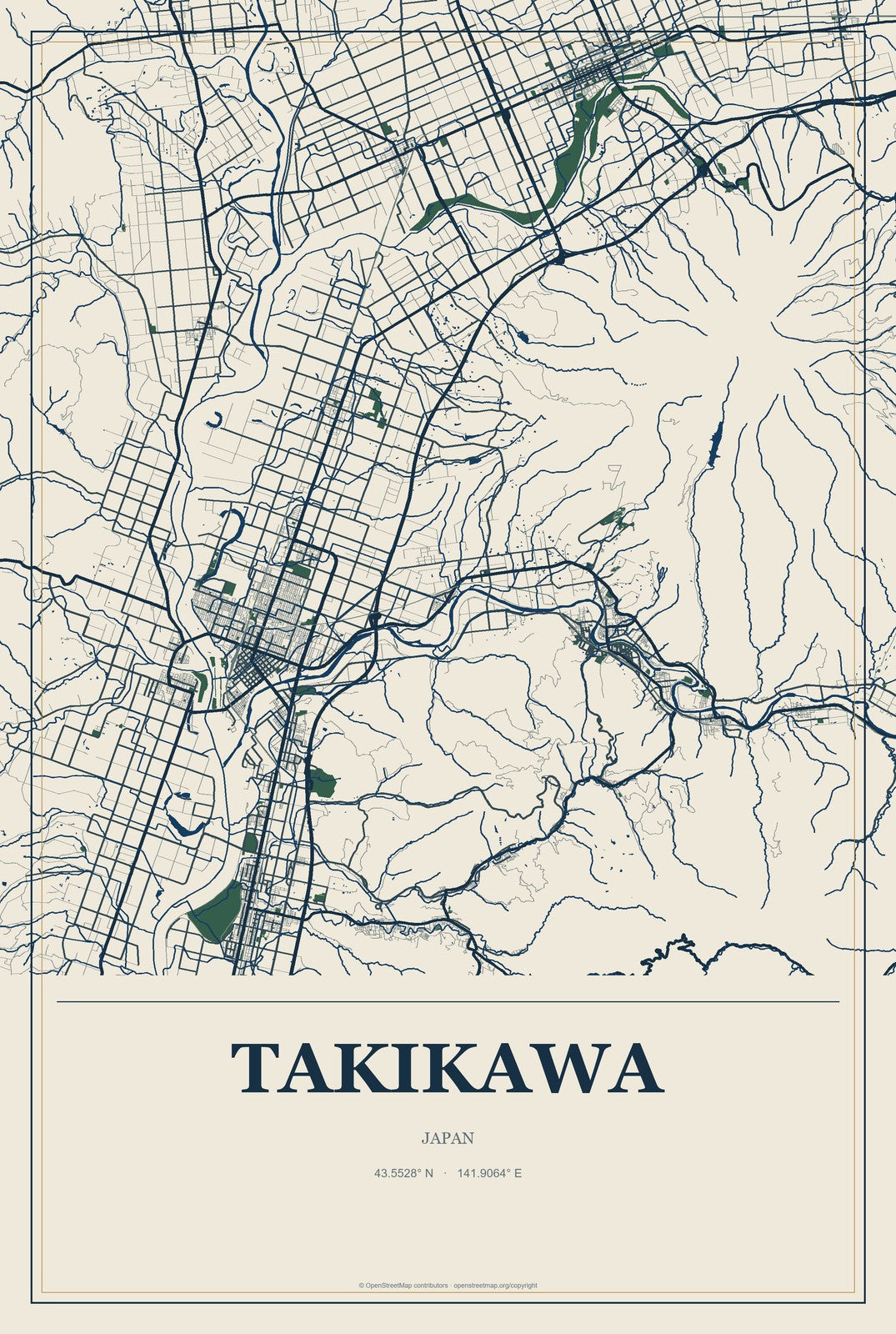 Takikawa, Japan City Map Aluminum Sign in Coastal Cutout style