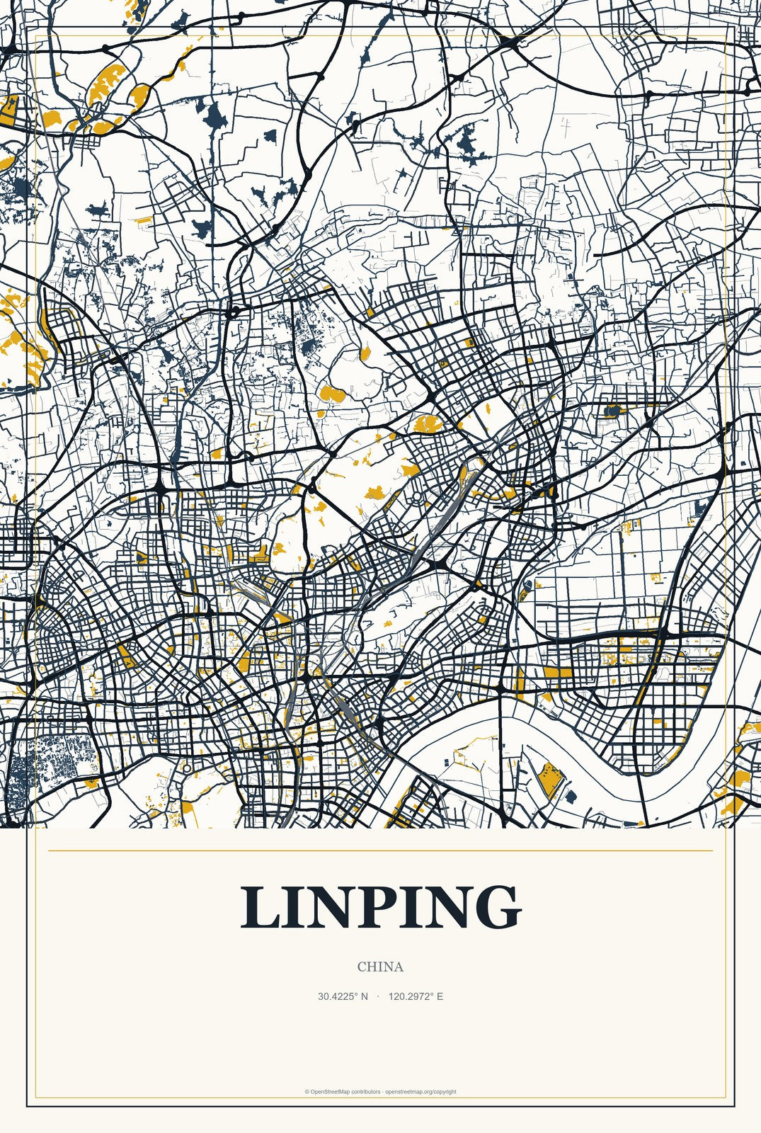 Linping, China City Map Aluminum Sign in Citrine Modern style