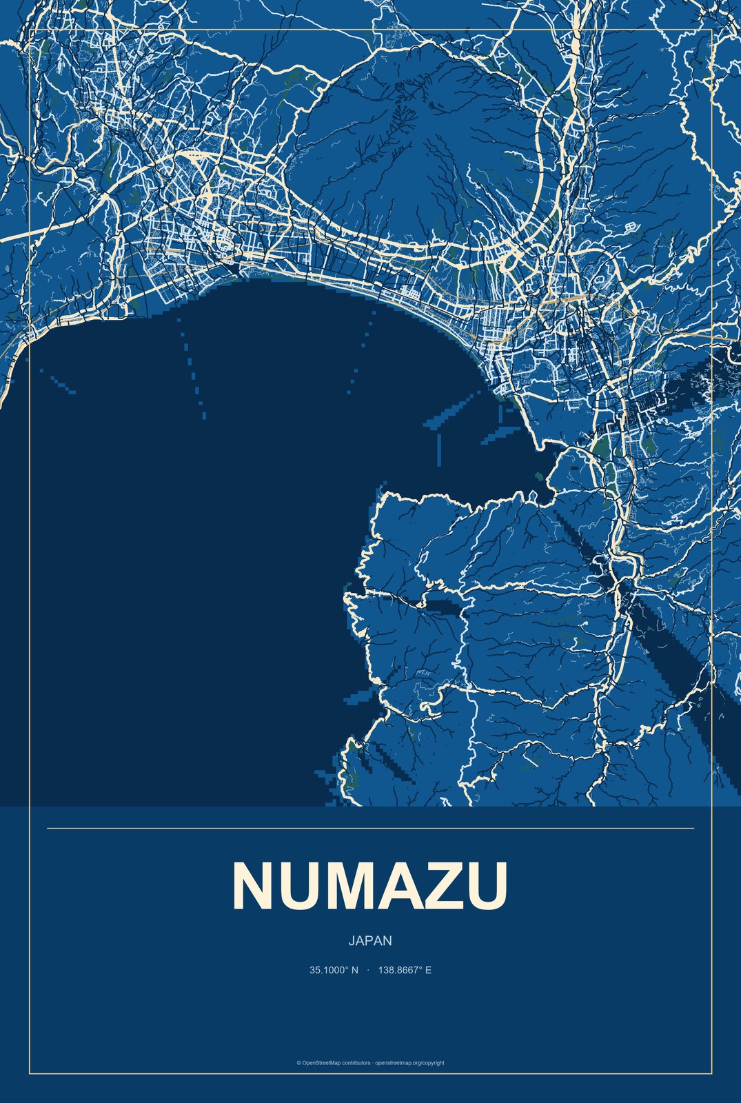 Numazu, Japan City Map Aluminum Sign in Harbor Cobalt style