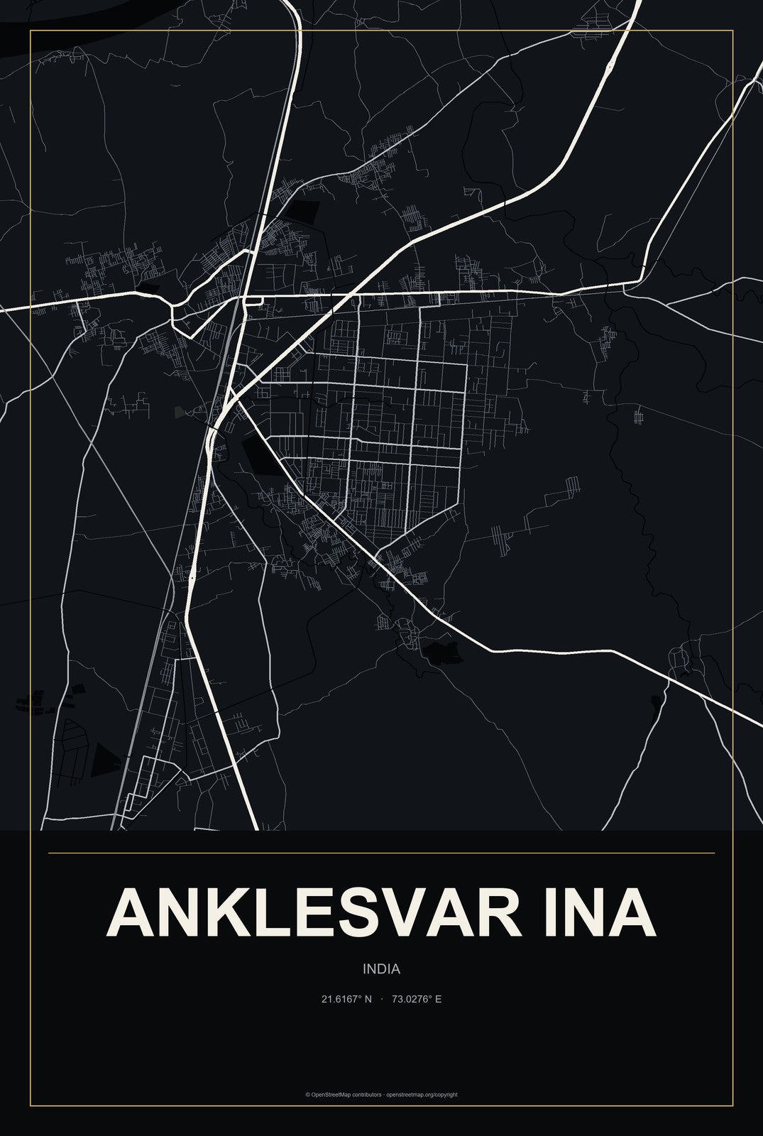 Anklesvar INA, India City Map Aluminum Sign in Metropolitan Noir style