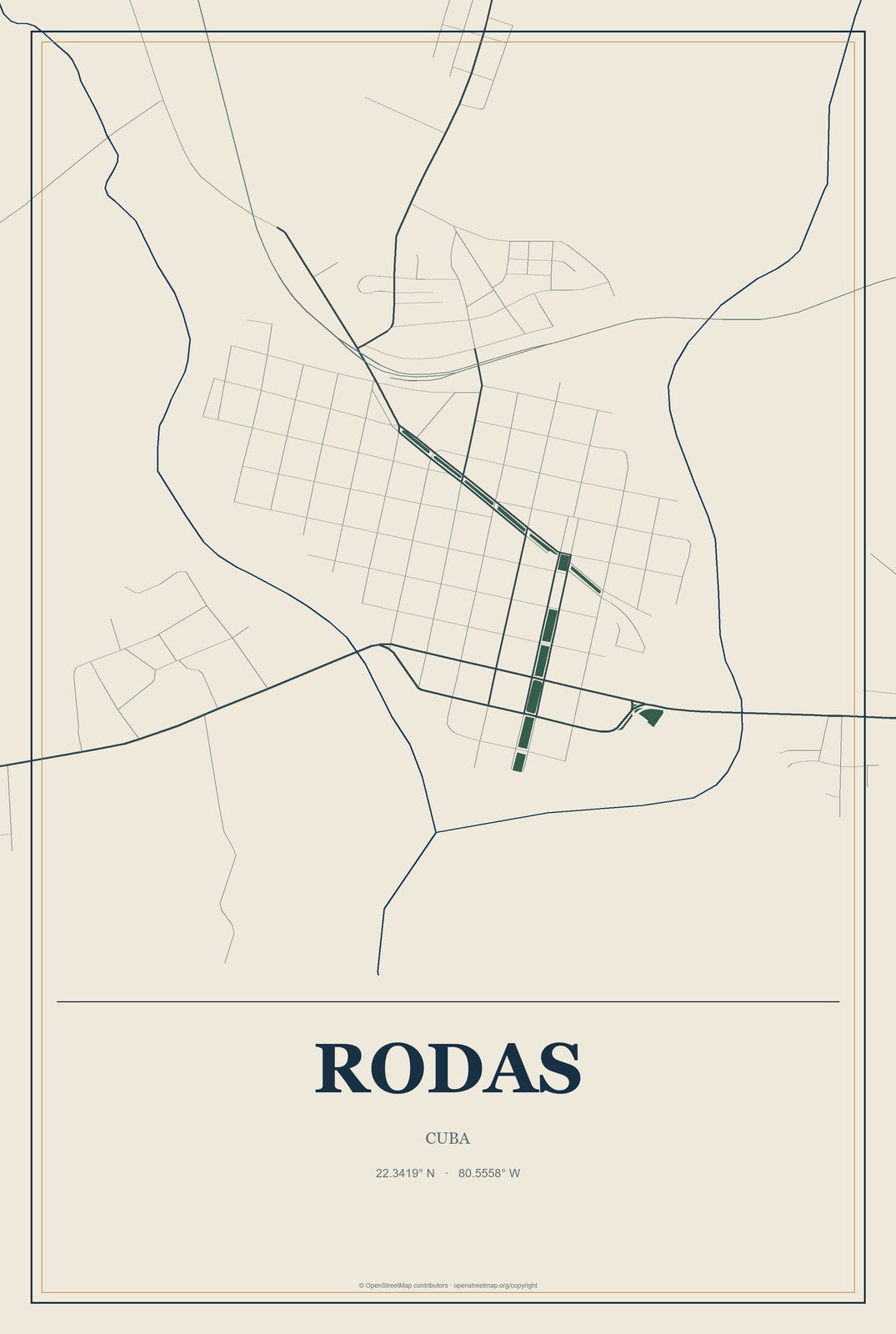 Rodas, Cuba City Map Aluminum Sign in Coastal Cutout style