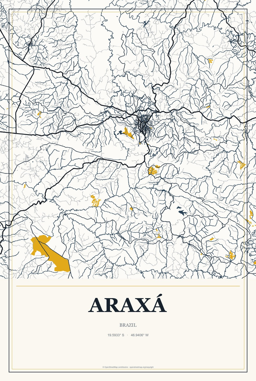 Araxá, Brazil City Map Aluminum Sign in Citrine Modern style