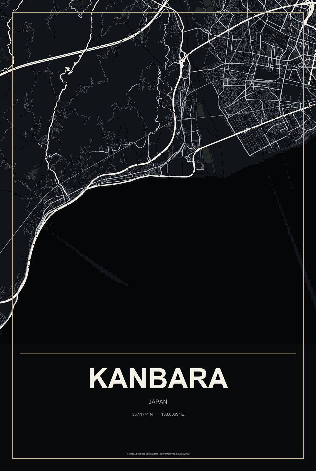 Kanbara, Japan City Map Aluminum Sign in Metropolitan Noir style