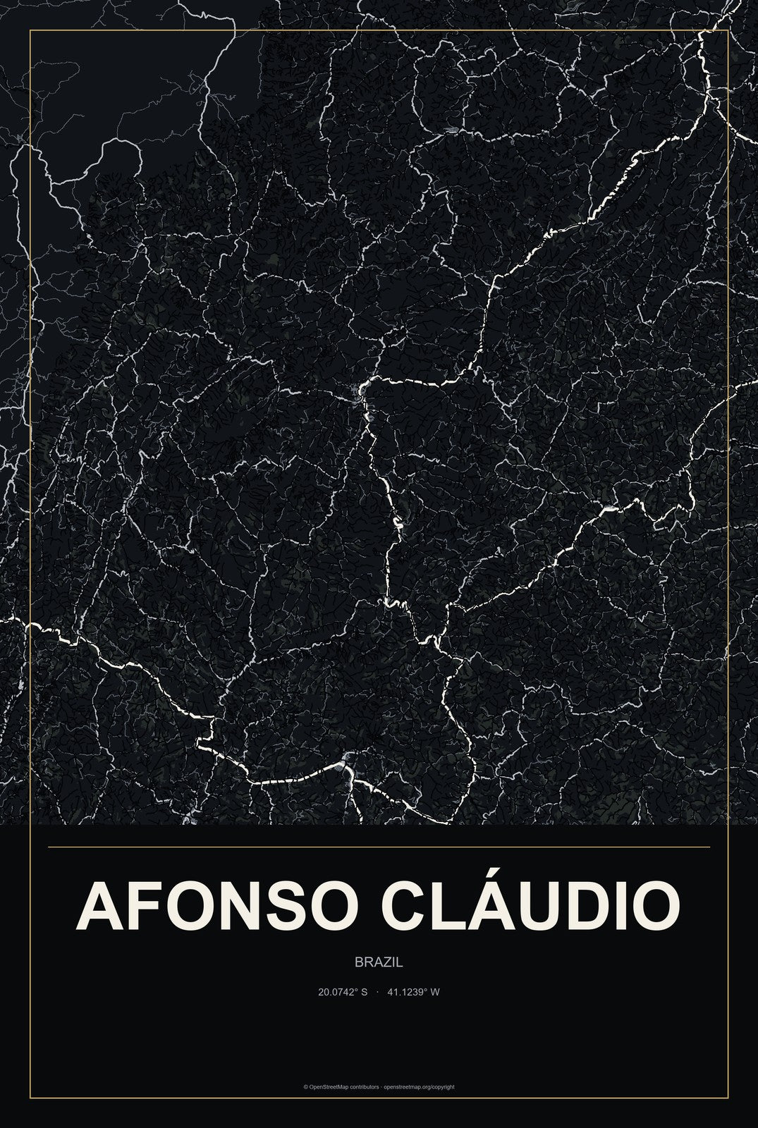 Afonso Cláudio, Brazil City Map Aluminum Sign in Metropolitan Noir style