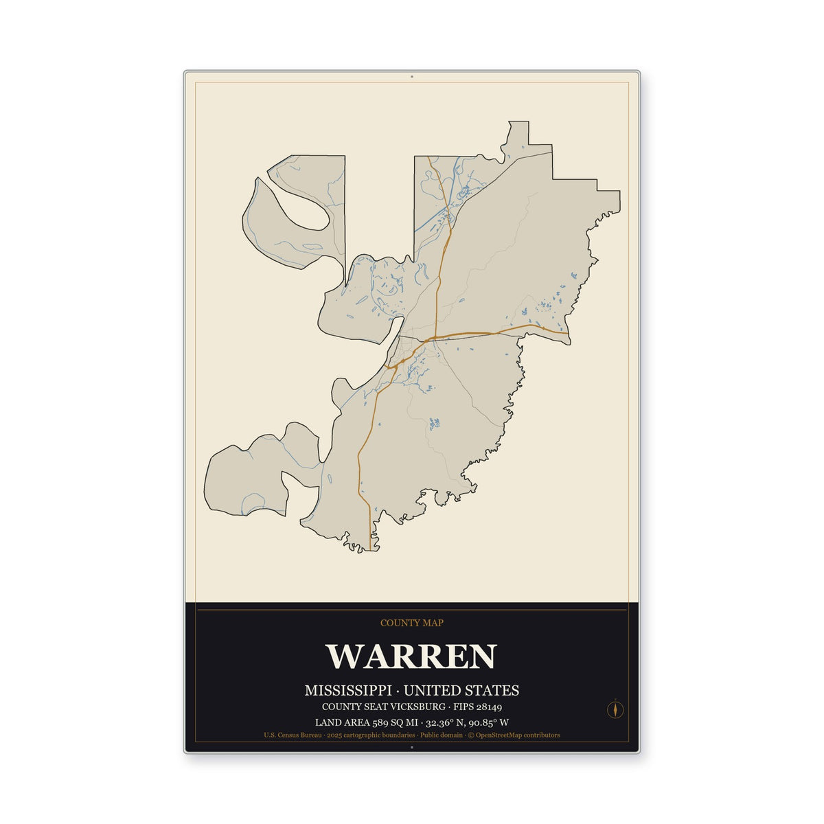Warren County, Mississippi Map Aluminum Sign in Museum Plaque style