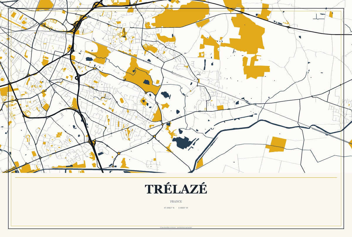 Trélazé, France City Map Aluminum Sign in Citrine Modern style