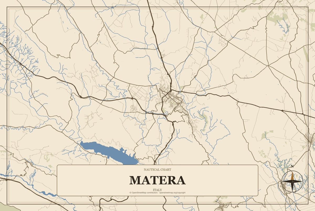 Matera, Italy City Map Aluminum Sign in Heritage Nautical style