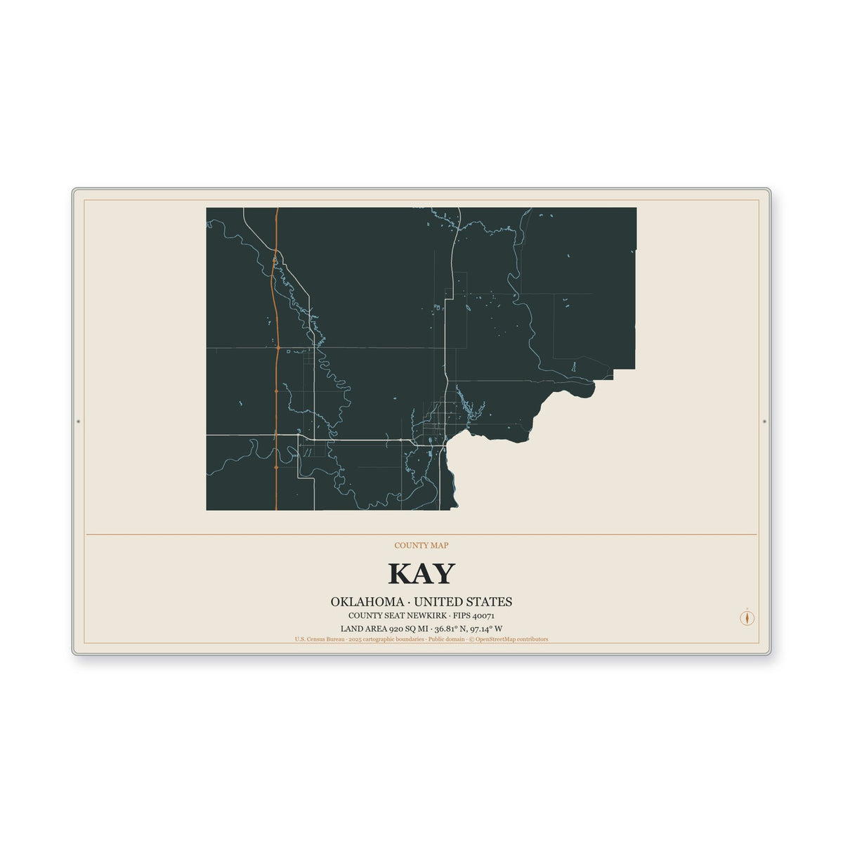 Kay County, Oklahoma Map Aluminum Sign in Headline Atlas style