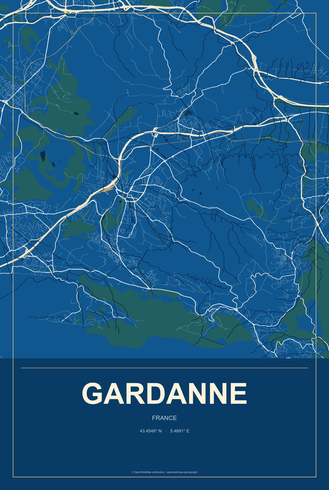 Gardanne, France City Map Aluminum Sign in Harbor Cobalt style