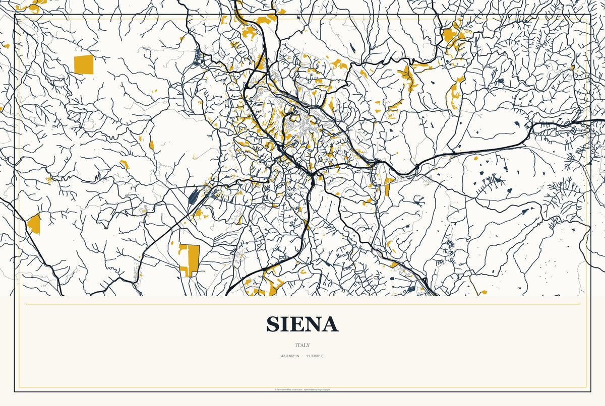 Siena, Italy City Map Aluminum Sign in Citrine Modern style