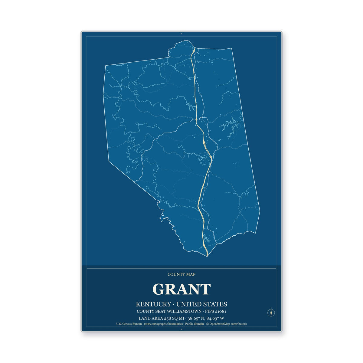 Grant County, Kentucky Map Aluminum Sign in Harbor Cobalt style