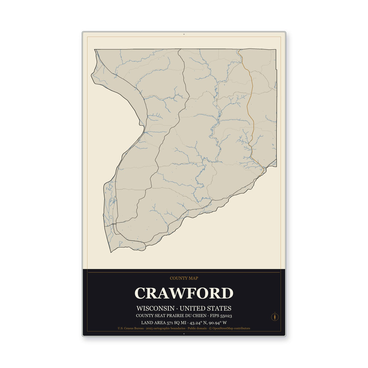 Crawford County, Wisconsin Map Aluminum Sign in Museum Plaque style