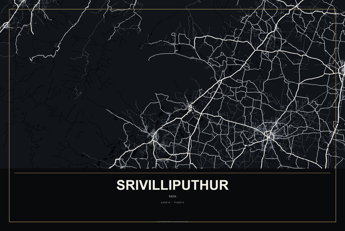 Srivilliputhur, India City Map Aluminum Sign in Metropolitan Noir style