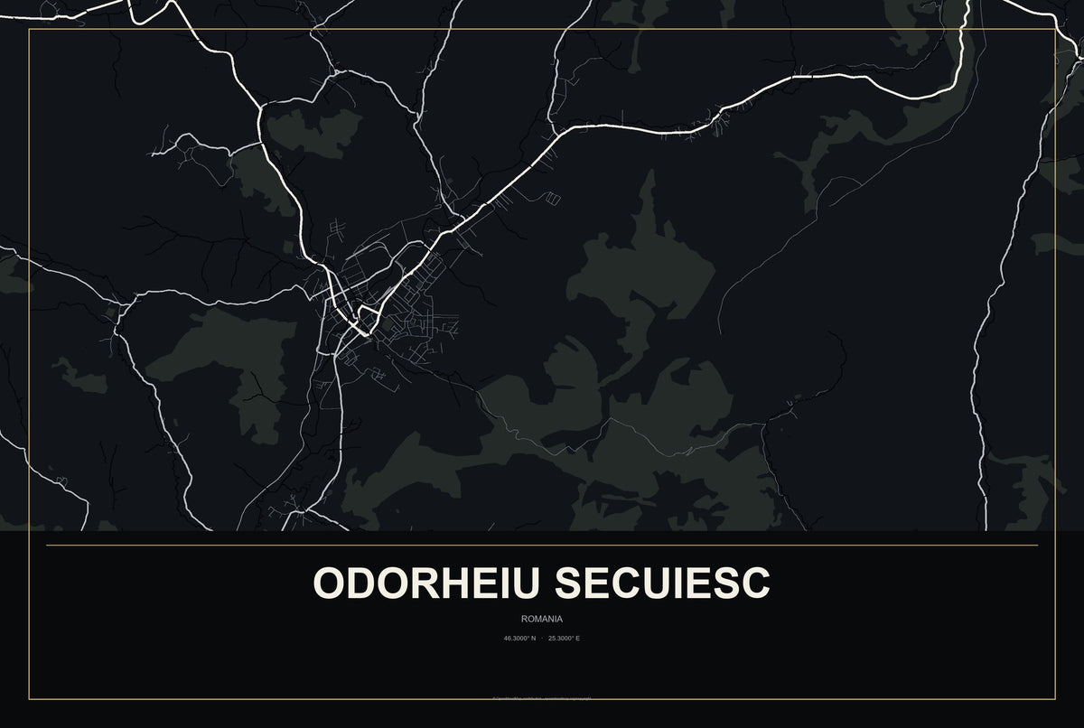 Odorheiu Secuiesc, Romania City Map Aluminum Sign in Metropolitan Noir style