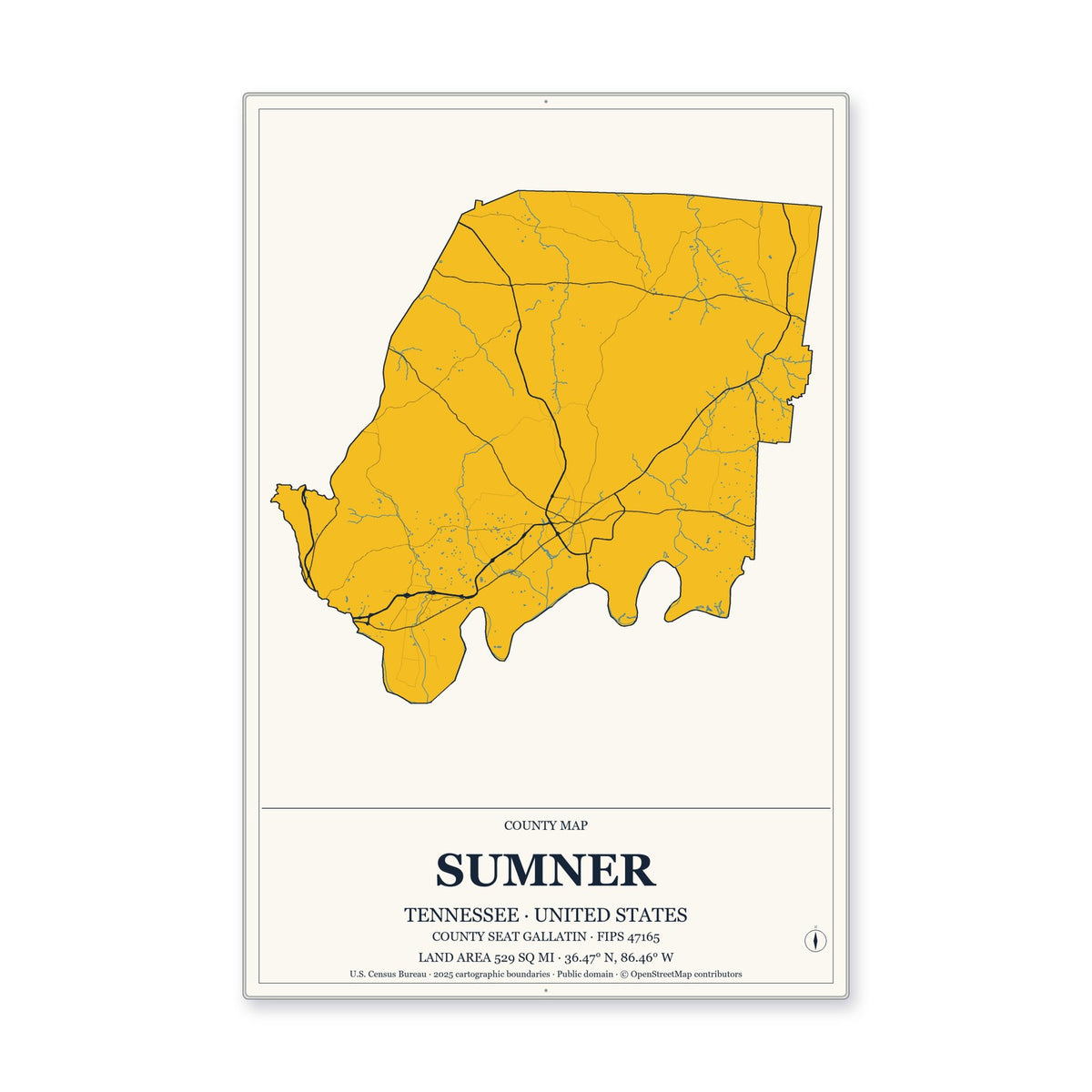 Sumner County, Tennessee Map Aluminum Sign in Citrine Modern style