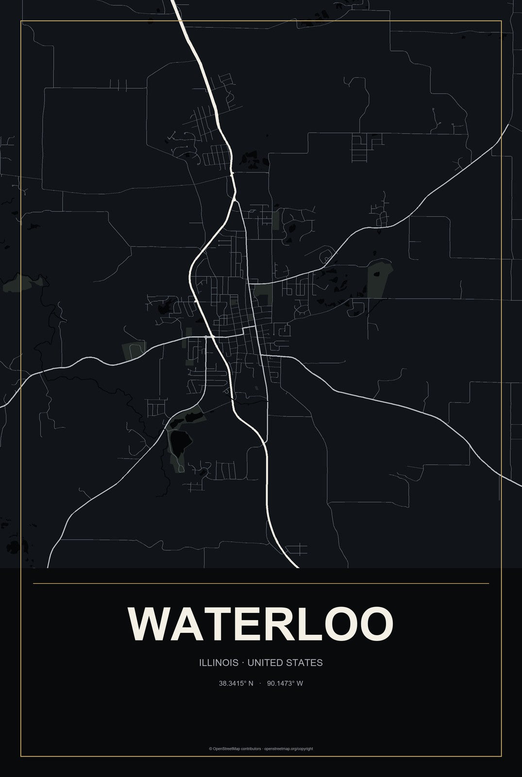 Waterloo, Illinois City Map Aluminum Sign in Metropolitan Noir style